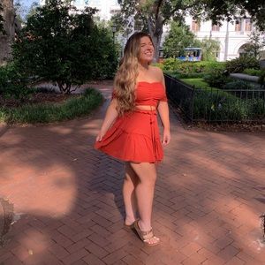 Burnt Orange Two Piece Set Skirt Off Shoulder